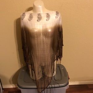 Lane Bryant brown/ivory/gold fringed poncho